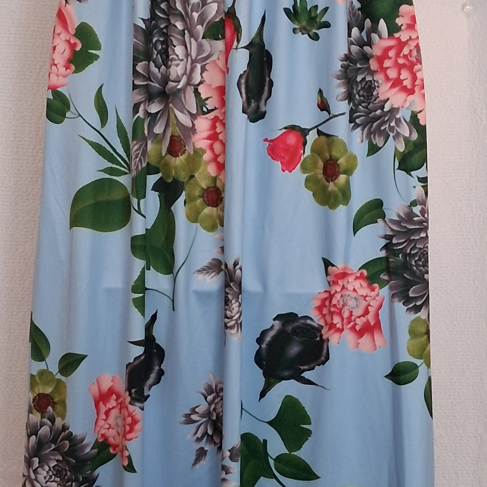 Elegant Navy Blue and Pink Floral Elastic Waist Tall Maxi Dress. - Picture 7 of 7
